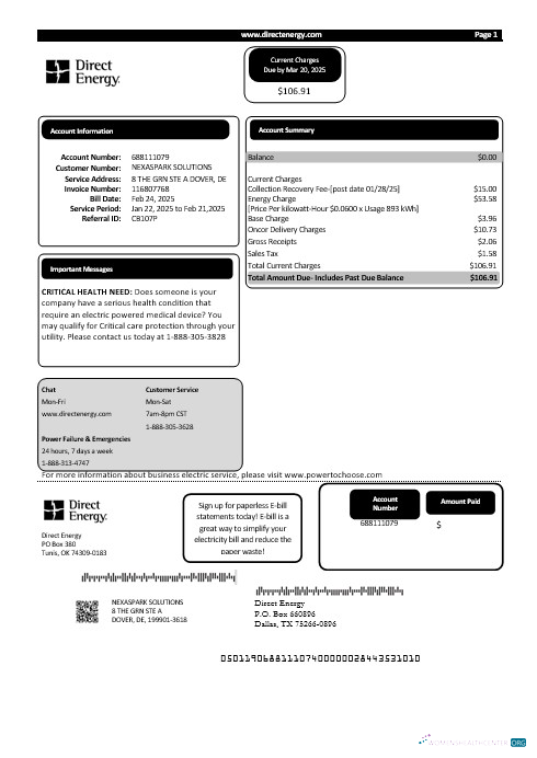 Download USA Texas Direct Energy business utility bill template in Word and PDF formats Photoshop template